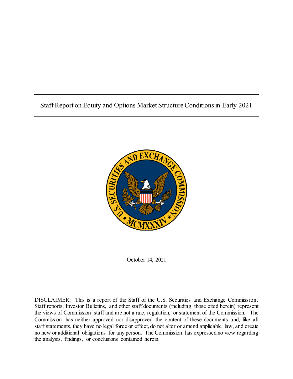 Cover page of the SEC document: Staff Report on Equity and Options Market Structure Conditions in Early 2021, with the seal of the U.S. Securities and Exchange Commission and the date October 14, 2021.